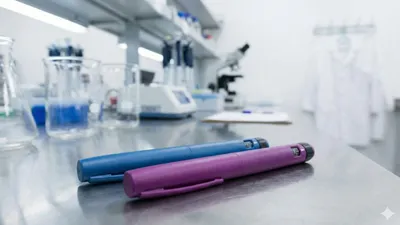 Two unlabeled injection pens resting on a stainless steel laboratory bench, representing the finished product samples that undergo rigorous GLP-1 peptide impurity profiling.