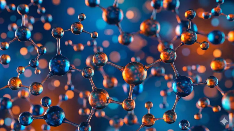 A dynamic 3D array of blue and orange ball-and-stick molecular structures, illustrating the complex mixtures analyzed in chiral CE separations.