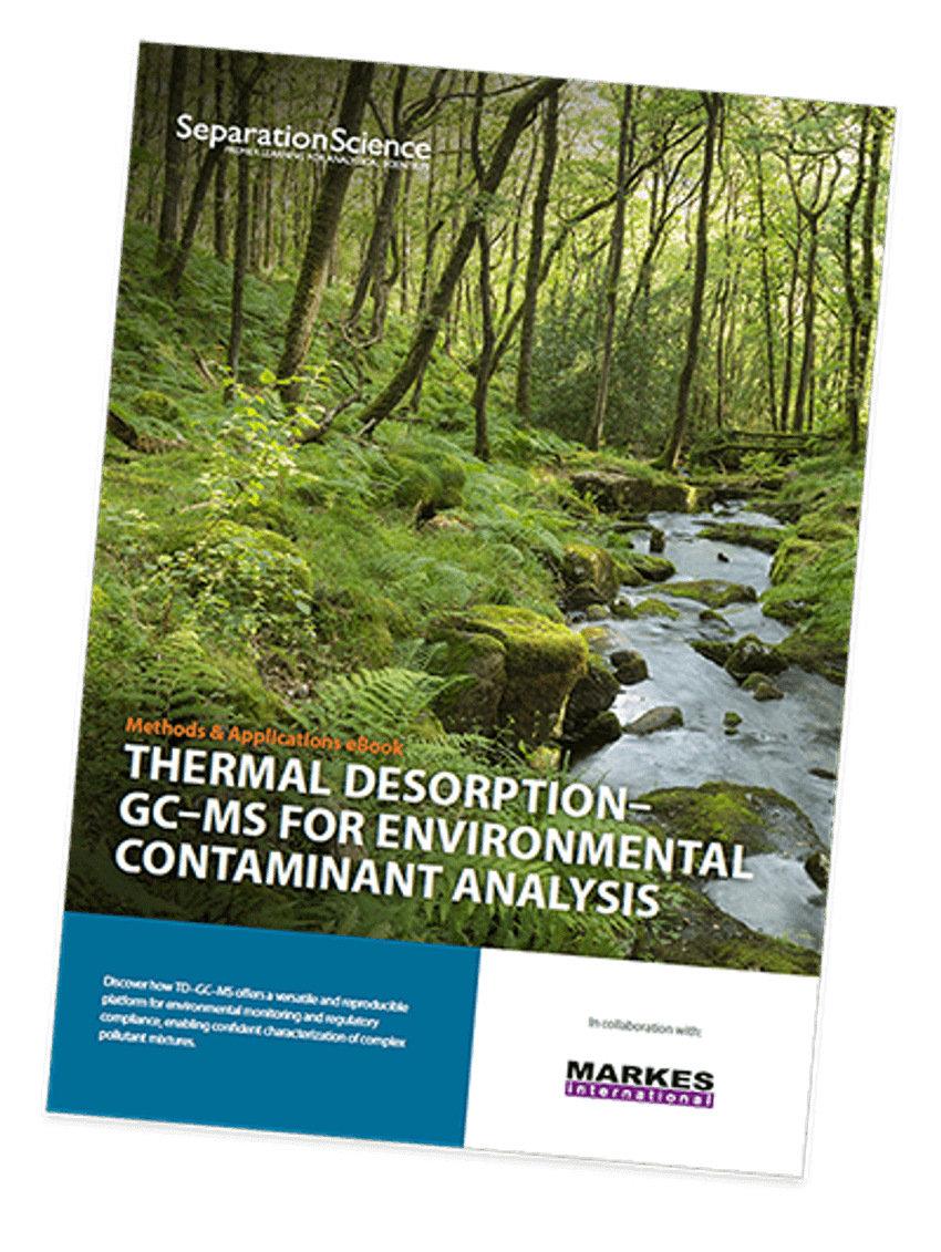 Cover for Markes eBook on environmental analysis showing a stream through a forest