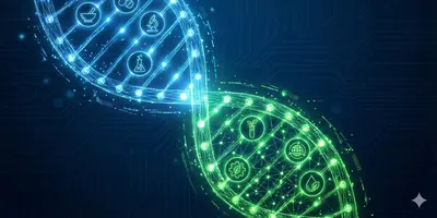 A stylized DNA helix transitioning from glowing blue nodes containing pharmaceutical icons to glowing green nodes containing sustainability icons against a digital background. This visualizes the pharmaceutical industry's shift towards sustainable lab operations and the reduction of Scope 3 emissions through My Green Lab's Converge Initiative.