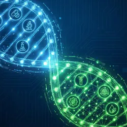 A stylized DNA helix transitioning from glowing blue nodes containing pharmaceutical icons to glowing green nodes containing sustainability icons against a digital background. This visualizes the pharmaceutical industry's shift towards sustainable lab operations and the reduction of Scope 3 emissions through My Green Lab's Converge Initiative.