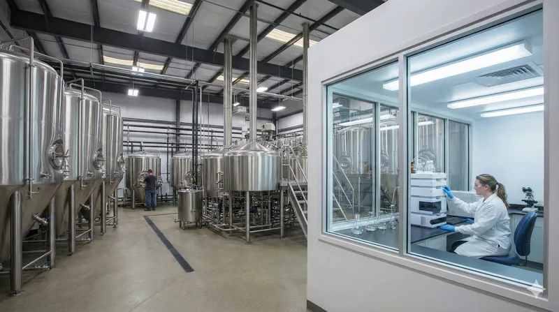 A modern brewing facility with large stainless steel fermentation tanks on the production floor and a glass-enclosed on-site laboratory on the right where a technician performs analytical tests for brewing quality control.