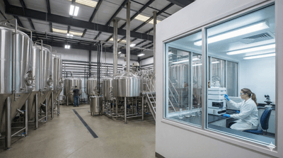 A modern brewing facility with large stainless steel fermentation tanks on the production floor and a glass-enclosed on-site laboratory on the right where a technician performs analytical tests for brewing quality control.