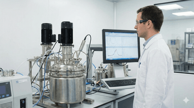 A scientist monitors real-time bioprocess data on a screen, collected by a Raman probe inserted into a stainless steel bioreactor, illustrating the application of Raman spectroscopy for pharmaceutical manufacturing.