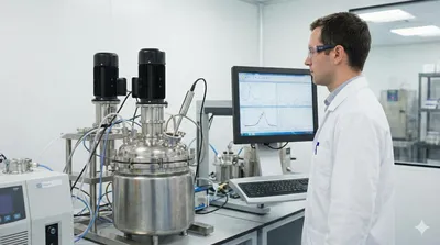 A scientist monitors real-time bioprocess data on a screen, collected by a Raman probe inserted into a stainless steel bioreactor, illustrating the application of Raman spectroscopy for pharmaceutical manufacturing.