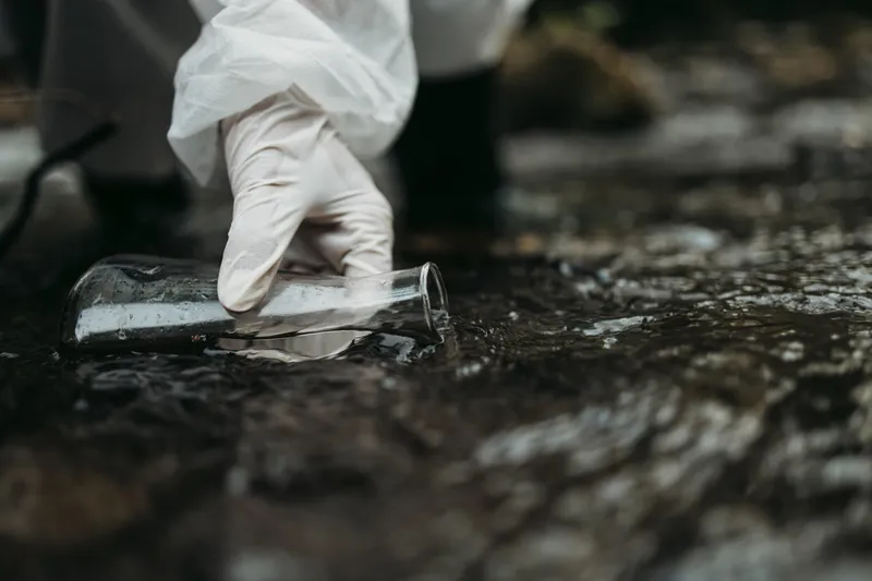Gloved hand extracting water sample from river in a conical flask