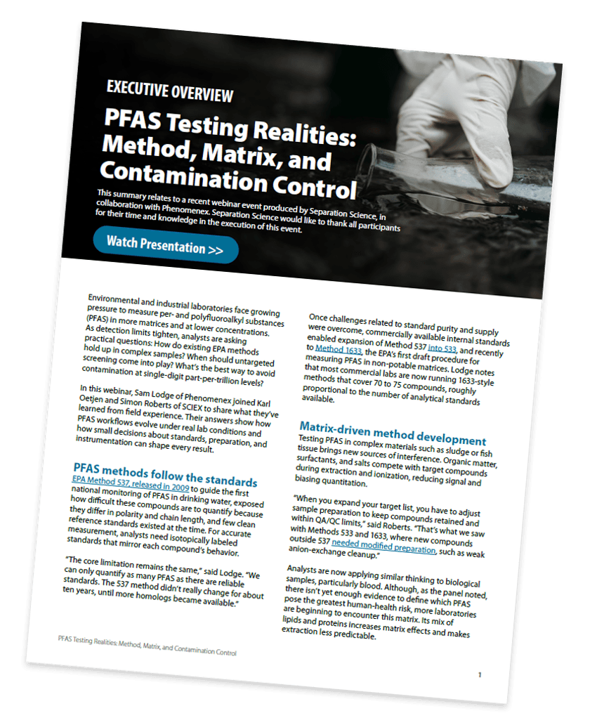 Cover of Executive Overview showing gloved hand  extracting water sample from river in a conical flask