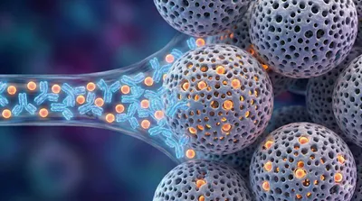 Conceptual illustration of size exclusion chromatography applications, showing large blue antibody molecules separating from smaller orange fragments as they flow through porous beads in a column.