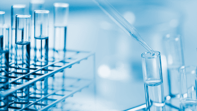 Dropping chemical liquid to test tube, laboratory research and development concept.