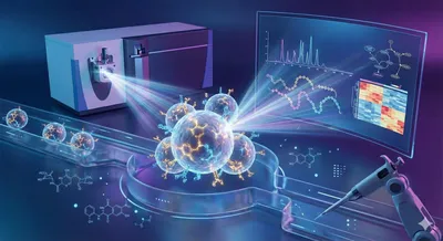 A conceptual illustration showing a mass spectrometer instrument analyzing glowing exosomes flowing through a microfluidic channel. A screen in the background displays data charts, graphs, and chemical structures, illustrating the process of exosome proteomics and metabolomics profiling.