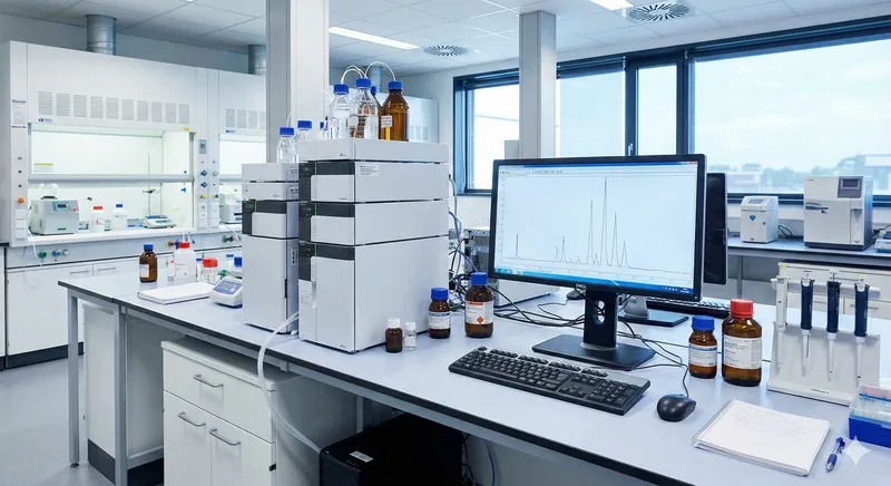 A modern analytical laboratory outfitted with a high-performance liquid chromatography (HPLC) system and computer data station, used by chromatographers to identify instrument issues like downward baseline drift during gradient HPLC runs.