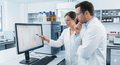Analytical chemists in a laboratory troubleshoot a GLP-1 peptide method, analyzing chromatogram data for retention drift or peak distortion next to a UHPLC instrument.