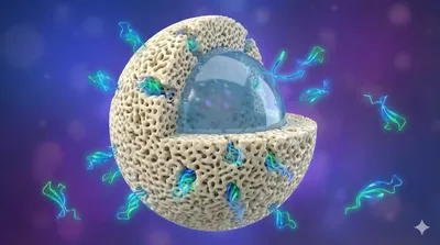 3D rendering illustrating mass transfer kinetics in a core-shell column. GLP-1 peptide ribbons (blue/green) interact with the porous shell stationary phase but are blocked by the solid silica core, minimizing the Van Deemter C-term contribution.