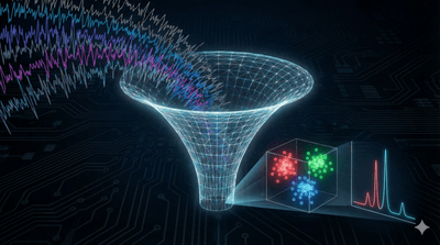 A conceptual illustration showing a stream of raw, chaotic mass spectrometry data being processed through a glowing, funnel-like filter. This filter represents a chemometric model for mass spectrometry.