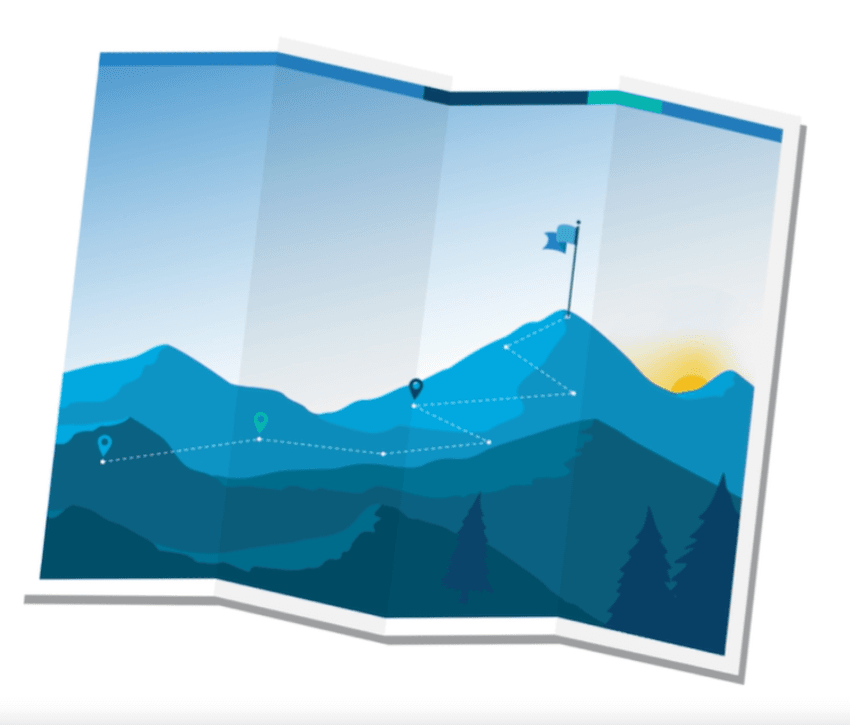 Mountain range with flag denoting a journey