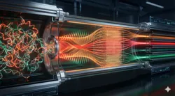 A digital illustration of oligonucleotides flowing through a futuristic chromatography column, where a glowing blue energy field representing controlled retention factor actively organizes chaotic, tangled strands into distinct, resolved bands, symbolizing the separation of impurities.