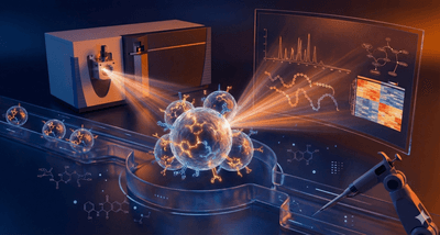 A conceptual illustration showing a mass spectrometer instrument analyzing glowing exosomes flowing through a microfluidic channel. A screen in the background displays data charts, graphs, and chemical structures, illustrating the process of exosome proteomics and metabolomics profiling.