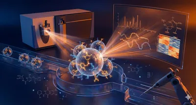 A conceptual illustration showing a mass spectrometer instrument analyzing glowing exosomes flowing through a microfluidic channel. A screen in the background displays data charts, graphs, and chemical structures, illustrating the process of exosome proteomics and metabolomics profiling.
