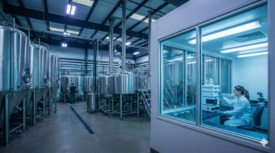 A modern brewing facility with large stainless steel fermentation tanks on the production floor and a glass-enclosed on-site laboratory on the right where a technician performs analytical tests for brewing quality control.