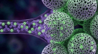 Conceptual illustration of size exclusion chromatography applications, showing large blue antibody molecules separating from smaller orange fragments as they flow through porous beads in a column.