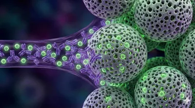 Conceptual illustration of size exclusion chromatography applications, showing large blue antibody molecules separating from smaller orange fragments as they flow through porous beads in a column.