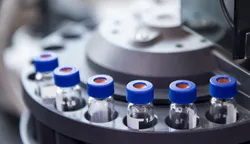Vials arranged in an autosampler in a lab