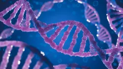 Purple DNA structure on blue background