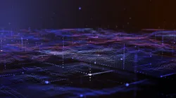 Abstract visualization of imaging mass spectrometry in proteomics, showing spatially resolved molecular signals across a tissue-like landscape to represent how proteins are mapped and analyzed within complex biological samples.