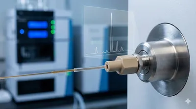 A close-up photograph of the high-sensitivity micro-LC to mass spectrometer interface with a digital chromatogram overlay, illustrating micro-LC for mRNA impurity profiling.