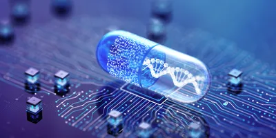 A futuristic 3D conceptual rendering of a pharmaceutical capsule containing a glowing DNA double helix, resting on a digital circuit board with data light trails, representing the integration of AI-driven QbD in chromatography for predictive small-molecule drug development.