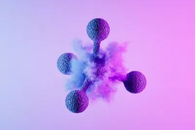 Abstract 3D molecular structure with colored particle dispersion, representing fragmentation-first tandem MS and neutral-loss fragmentation in high-throughput reaction screening.