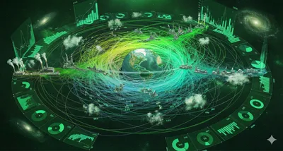 A futuristic, green-themed data visualization showing a globe surrounded by a complex network of glowing lines, industrial facilities emitting smoke, and various digital charts and graphs, representing a life cycle assessment in analytical labs.