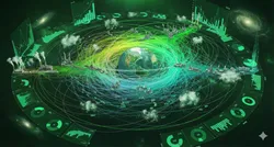 A futuristic, green-themed data visualization showing a globe surrounded by a complex network of glowing lines, industrial facilities emitting smoke, and various digital charts and graphs, representing a life cycle assessment in analytical labs.