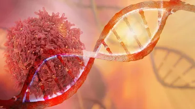 Illustration of DNA helix with a cell, symbolizing cell therapy manufacturing.