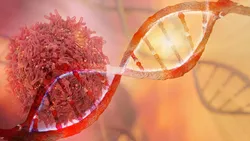 Illustration of DNA helix with a cell, symbolizing cell therapy manufacturing.