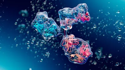 3D molecular model depicting biopharma innovation in drug development