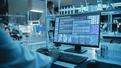 Medical research scientist typing sophisticated coding on his desktop computer in a biological applied science research jaboratory