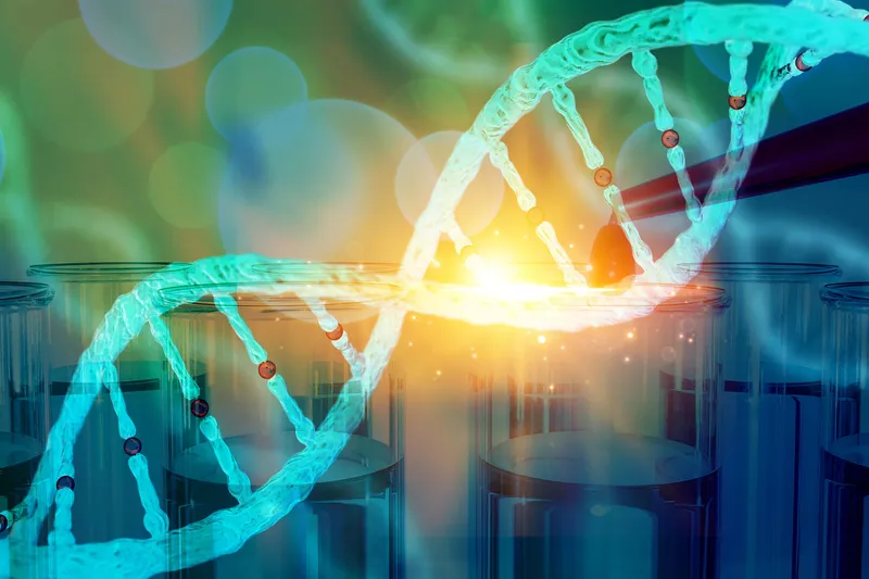 Microflow LC-MS technology illustrated with test tubes and DNA strand