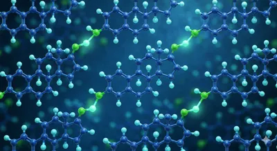 A 3D scientific visualization of an array of multi-ring estrogen molecules, related to the optimized LC-MSMS method for estrogens described in the article. Specific functional groups are highlighted with a glowing green signal. Diagonal green lines connect these glowing areas, emphasizing the distinct molecular regions critical for streamlined, high-sensitivity separation without derivatization.