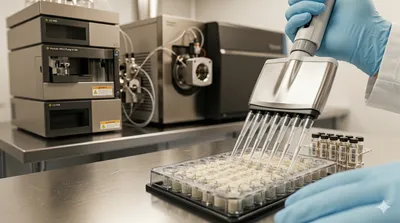 Scientist using a multichannel pipette to prepare samples in a laboratory alongside an LC-MS/MS system for low-level steroid quantitation analysis.