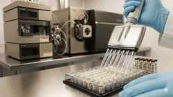 Scientist using a multichannel pipette to prepare samples in a laboratory alongside an LC-MS/MS system for low-level steroid quantitation analysis.