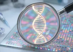 Gemini said A magnifying glass focuses on a glowing DNA helix structure above colorful laboratory samples, representing the close molecular inspection required for post-mortem interval estimation using LC-MS/MS proteomics.