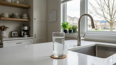 Gemini said A close-up photograph of a clear glass of drinking water on a kitchen counter, highlighting the potential connection to volatile PFAS transformation