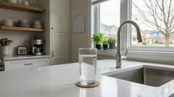 Gemini said A close-up photograph of a clear glass of drinking water on a kitchen counter, highlighting the potential connection to volatile PFAS transformation