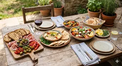 Diverse food spread on a wooden table, perfect for food safety testing discussions.