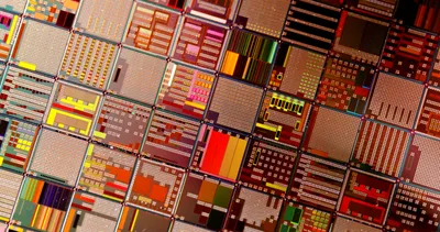 Visual representation of compound semiconductor fabrication with layered designs.