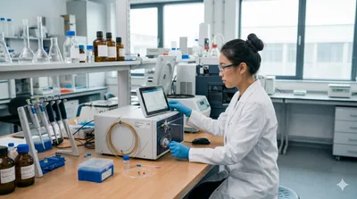 Scientist using a capillary liquid chromatography system in a modern lab.