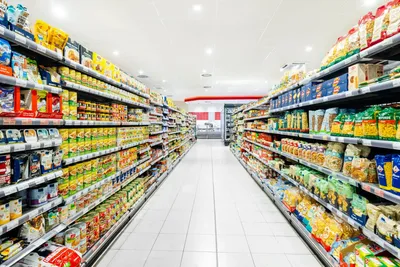 Aisle of food products in a grocery store for DART-MS food analysis