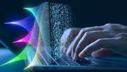 A vibrant digital graphic overlapping a laptop display, illustrating next-gen lab technology.