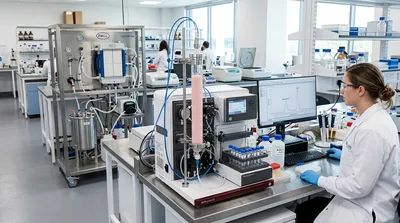 A downstream purification laboratory showing a column chromatography skid with protein A resin column connected to a chromatography system, with a tangential flow filtration system visible in the background.